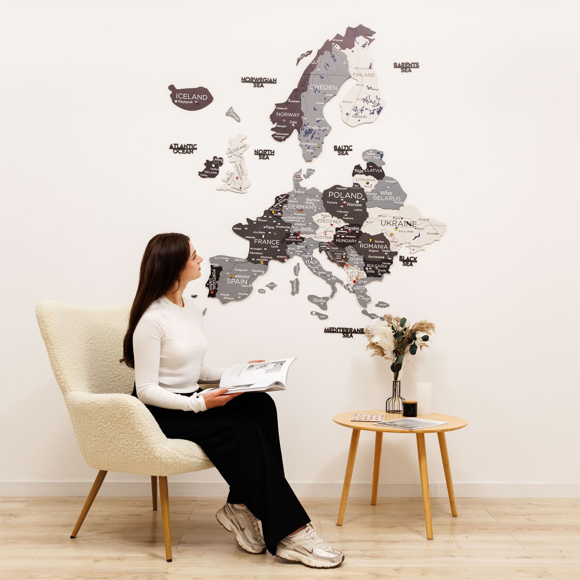 3D Europe Wooden Map in Grey, White, and Black Minimalist Wall Art