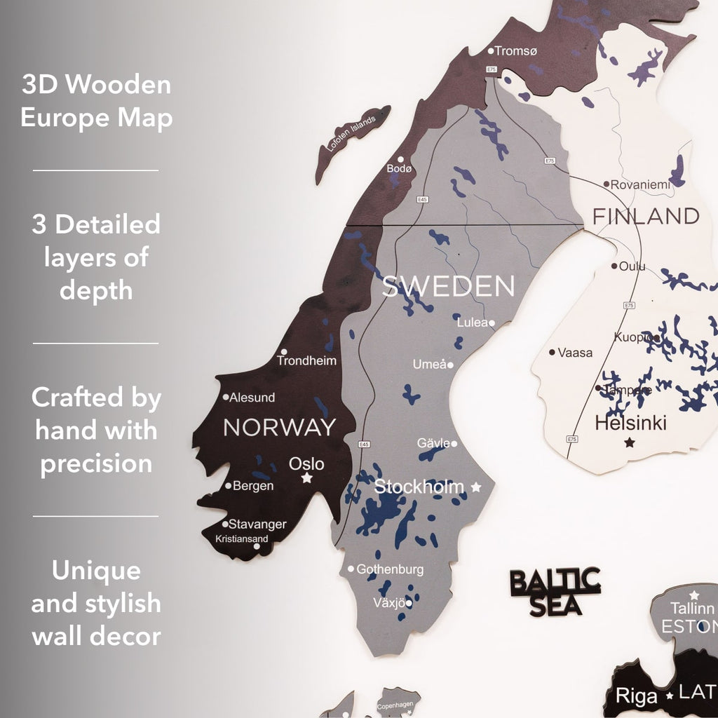 3D Europe Wooden Map in Grey, White, and Black Minimalist Wall Art
