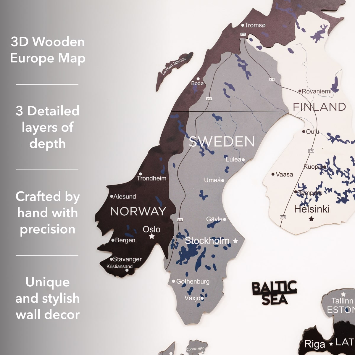 3D Europe Wooden Map in Grey, White, and Black Minimalist Wall Art