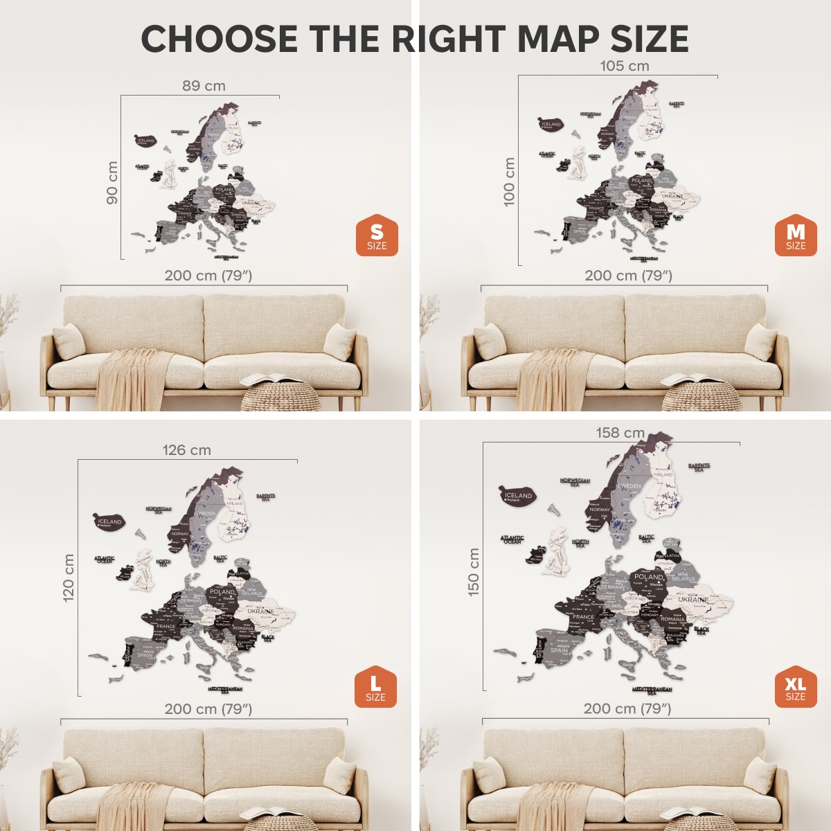 3D Europe Wooden Map in Grey, White, and Black Minimalist Wall Art