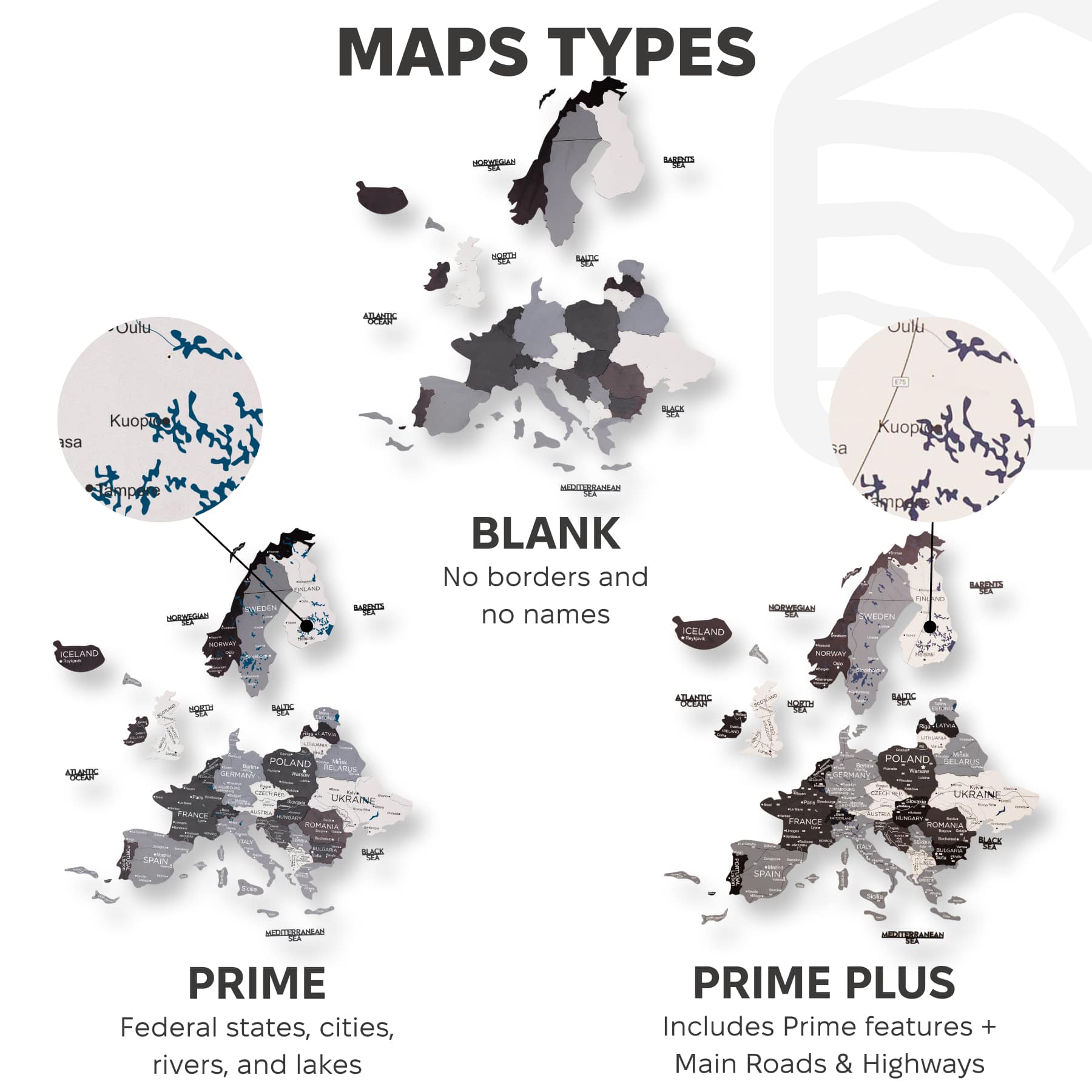 3D Europe Wooden Map in Grey, White, and Black Minimalist Wall Art