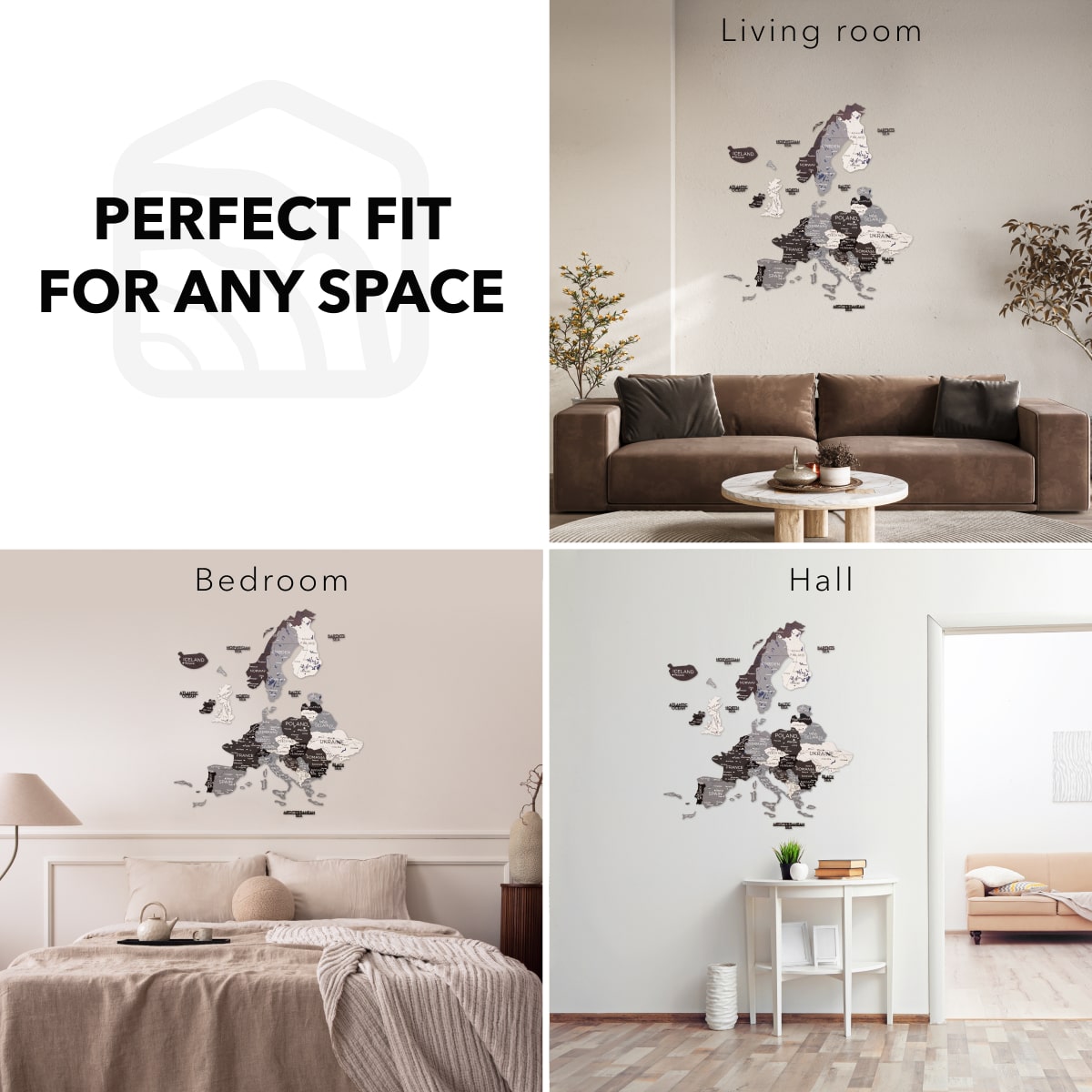 3D Europe Wooden Map in Grey, White, and Black Minimalist Wall Art