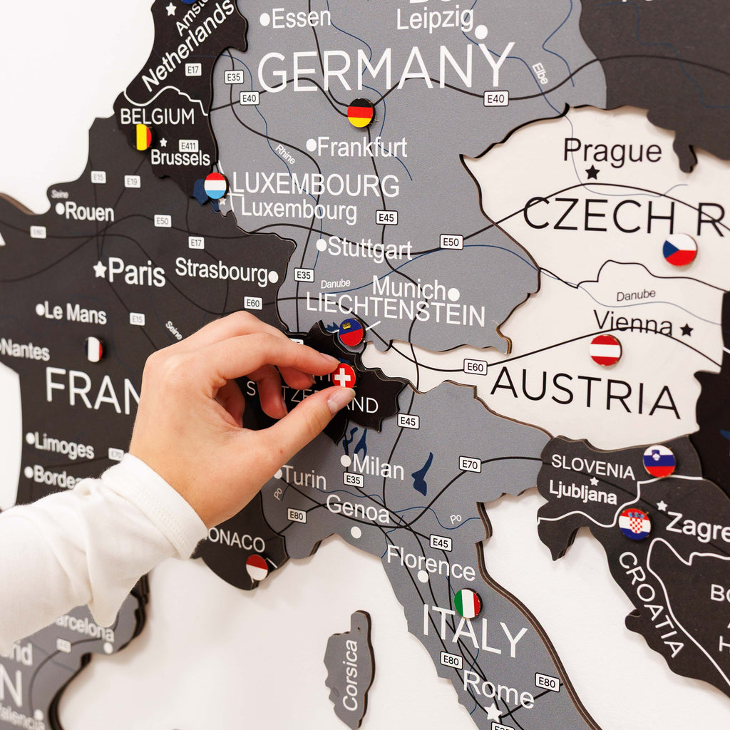 3D Europe Wooden Map in Grey, White, and Black Minimalist Wall Art