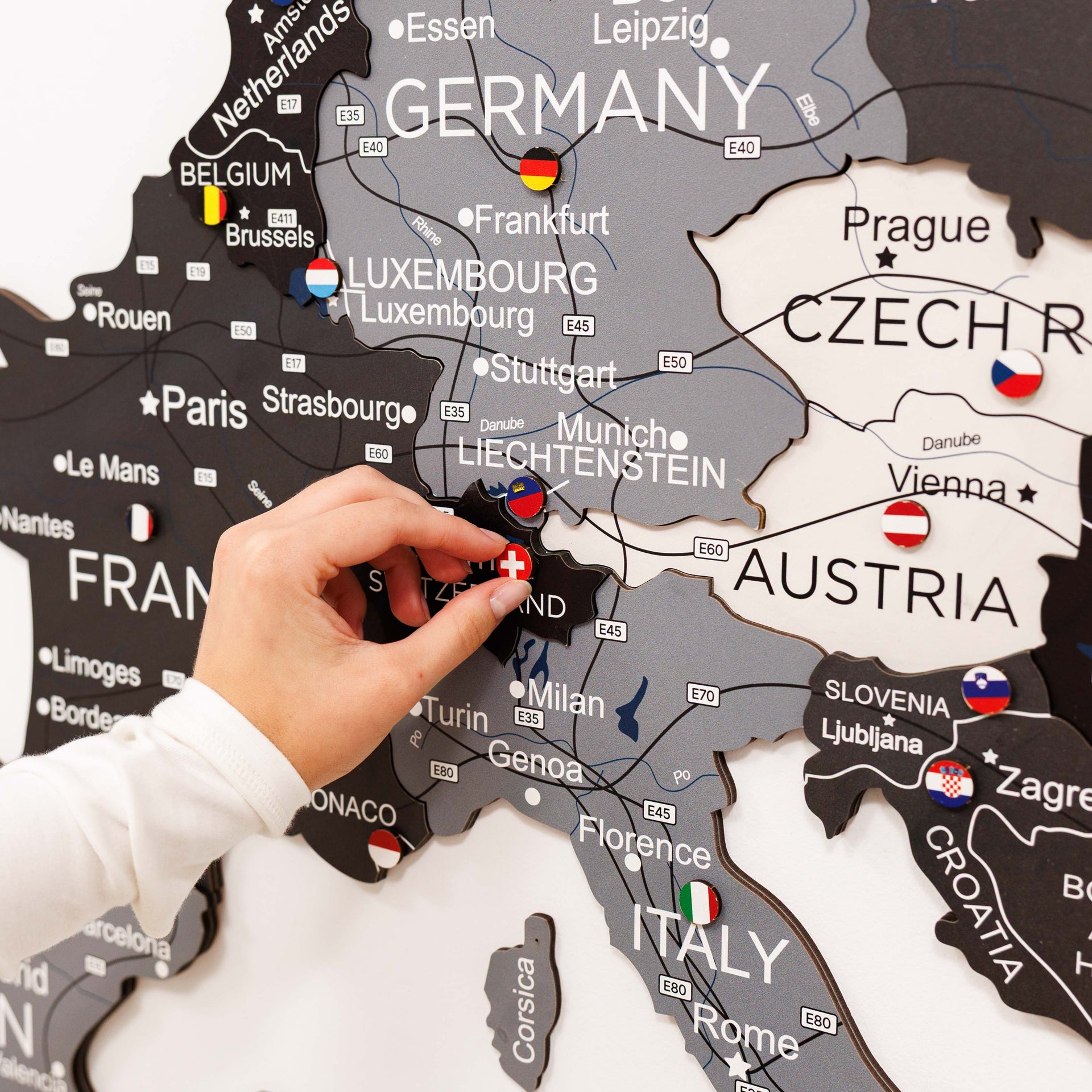 3D Europe Wooden Map in Grey, White, and Black Minimalist Wall Art