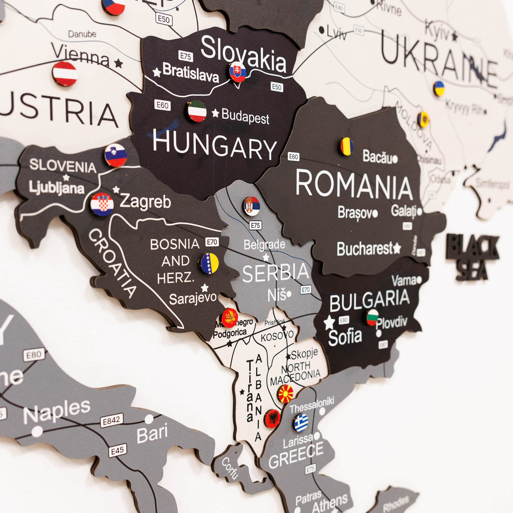 3D Europe Wooden Map in Grey, White, and Black Minimalist Wall Art