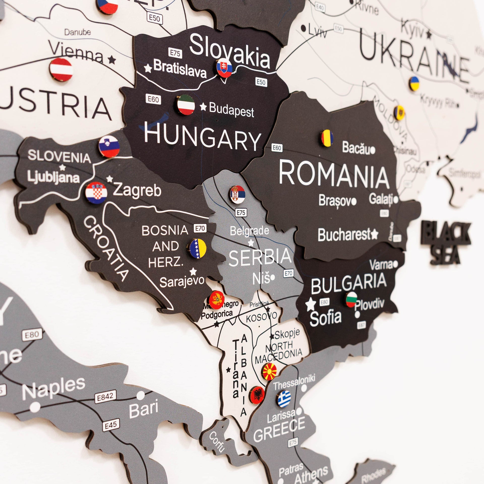 3D Europe Wooden Map in Grey, White, and Black Minimalist Wall Art