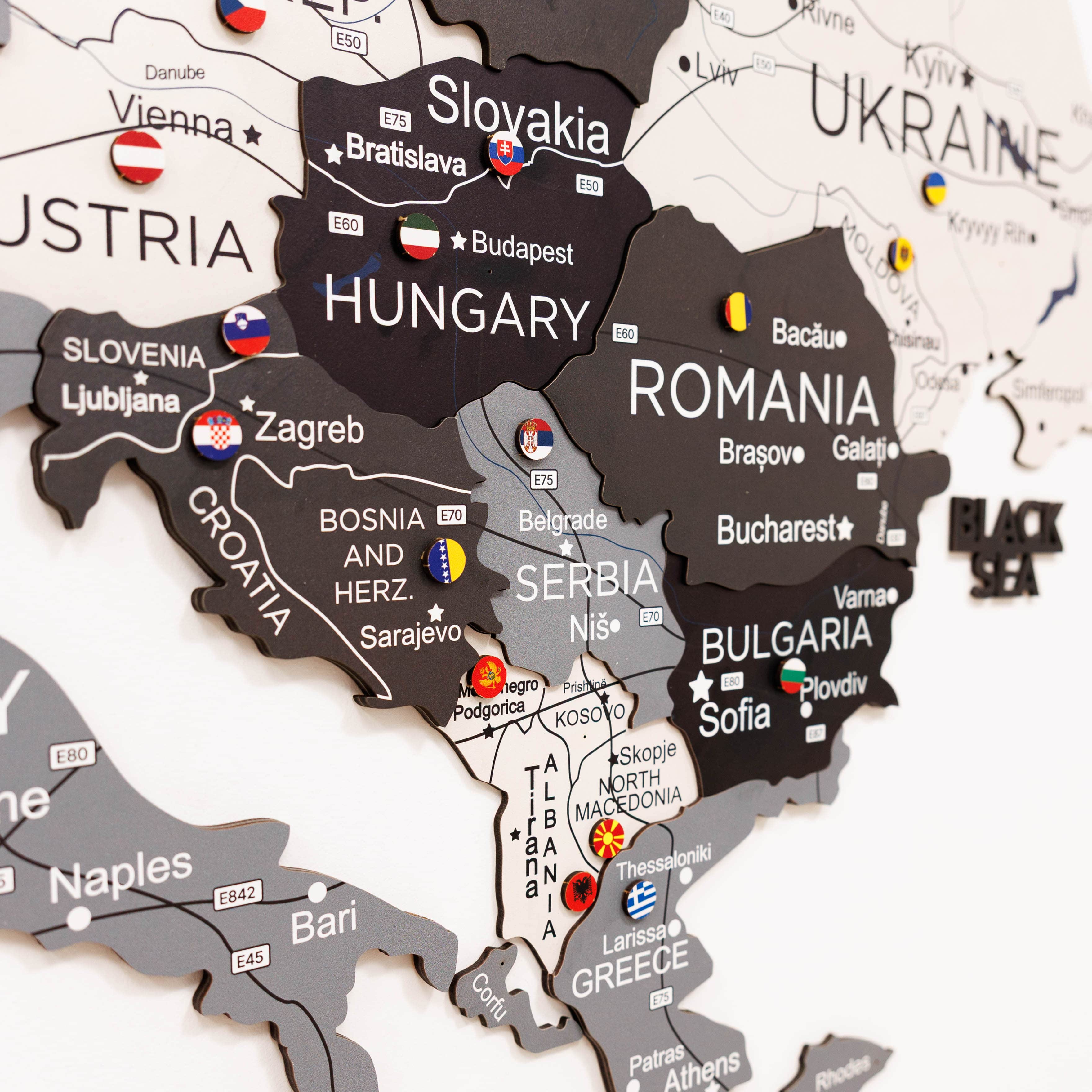 3D Europe Wooden Map in Grey, White, and Black Minimalist Wall Art