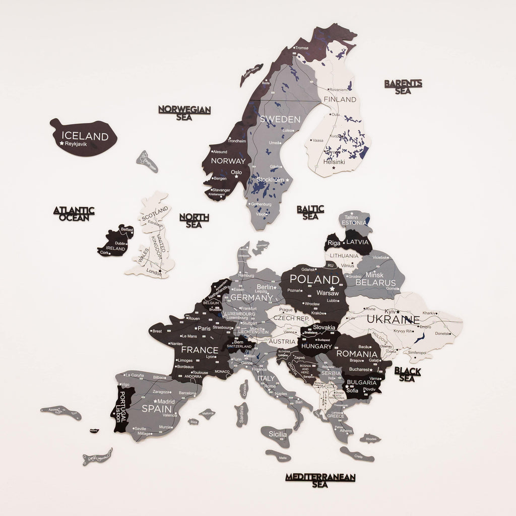 3D Europe Wooden Map in Grey, White, and Black Minimalist Wall Art