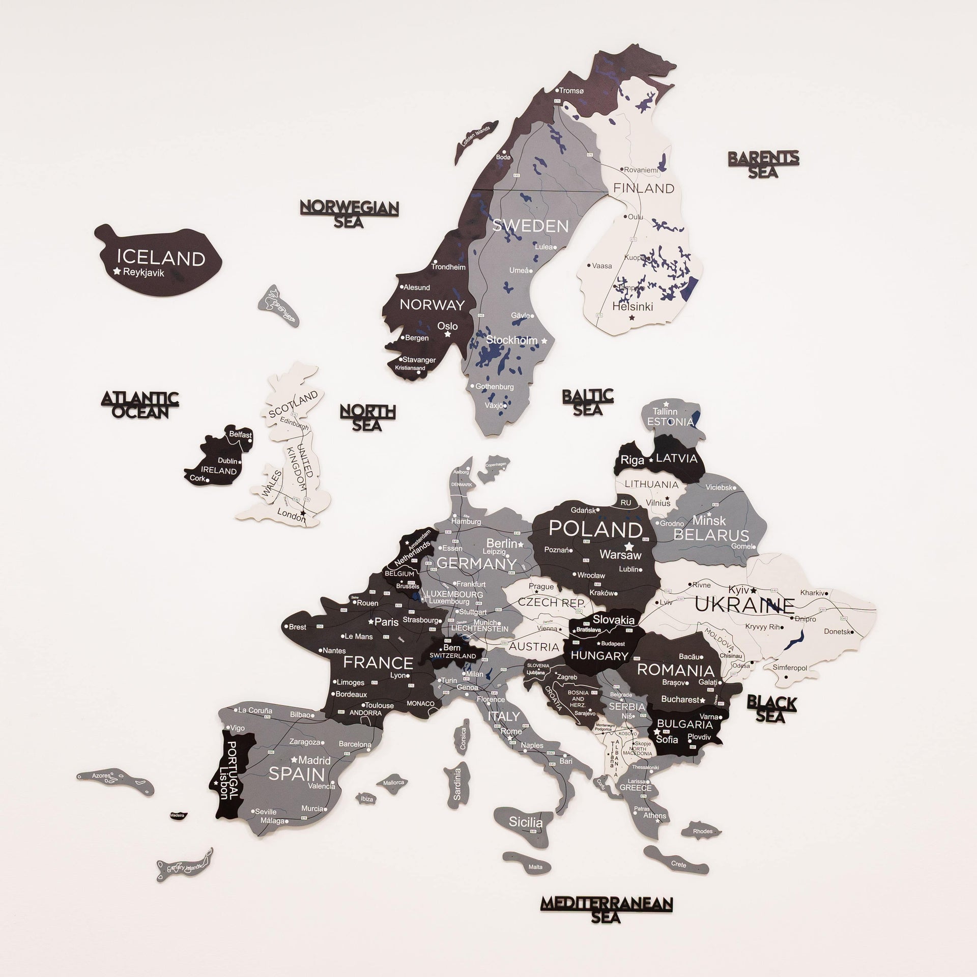 3D Europe Wooden Map in Grey, White, and Black Minimalist Wall Art