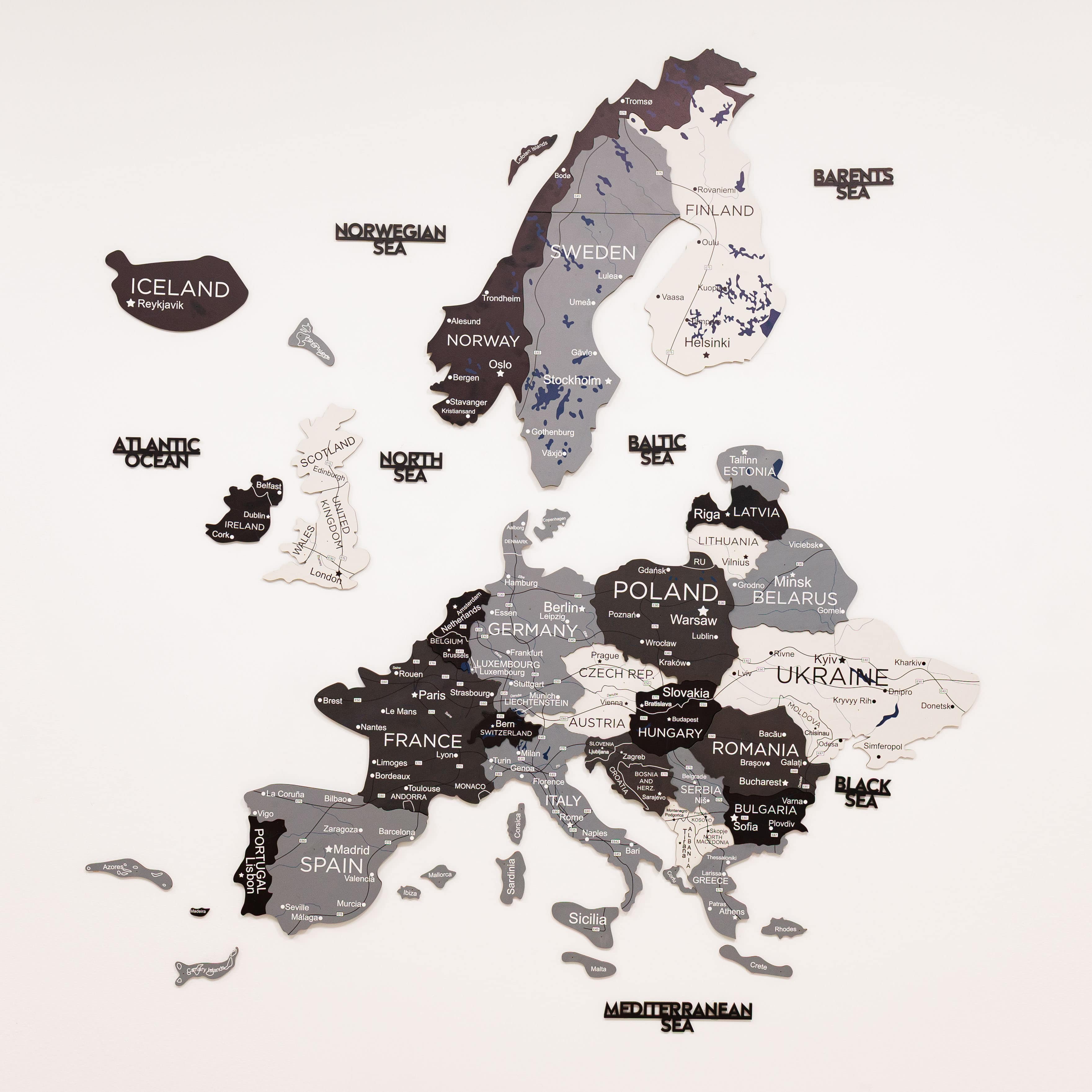 3D Europe Wooden Map in Grey, White, and Black Minimalist Wall Art