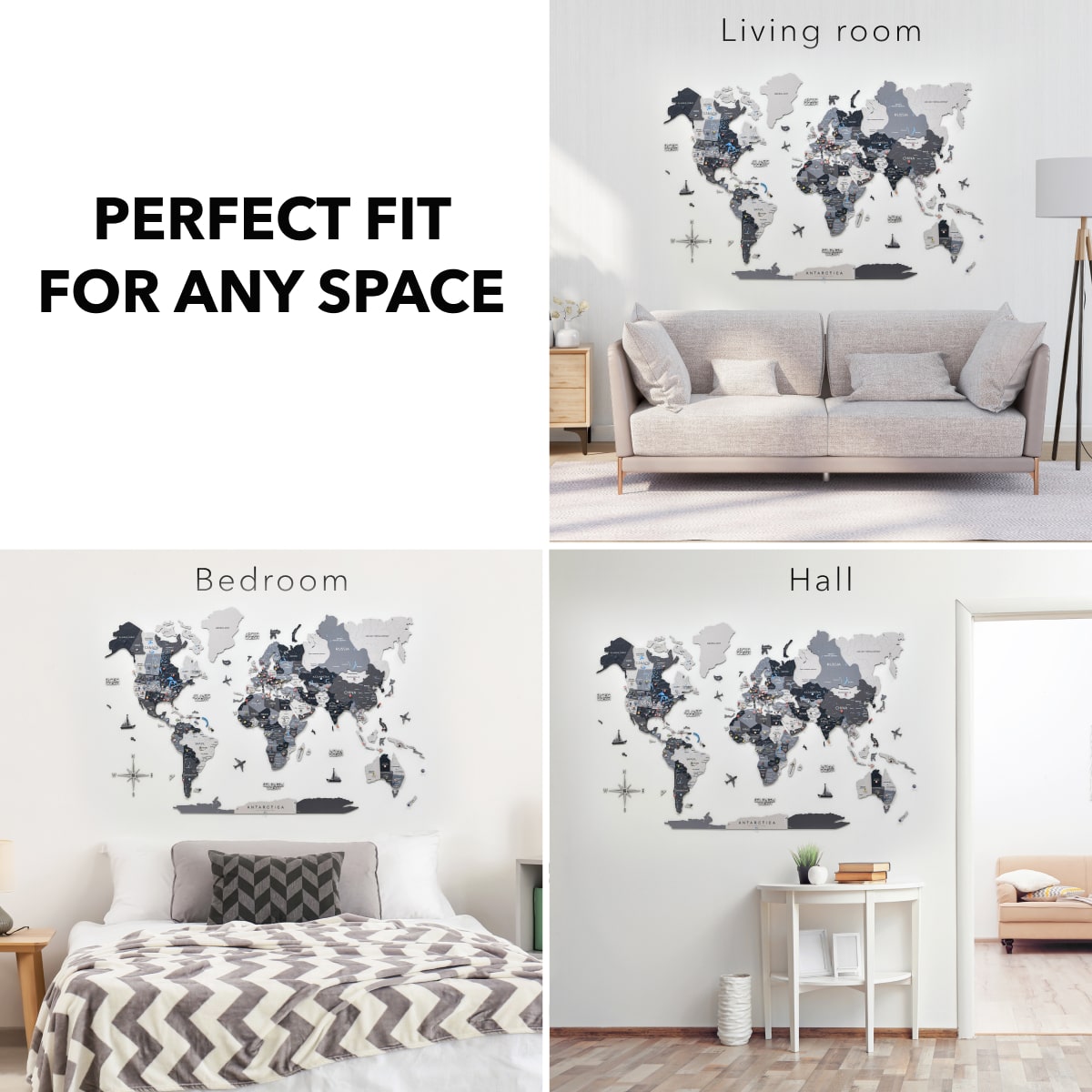 3D Wooden World Map Nordik Modern Minimalist Wall Art