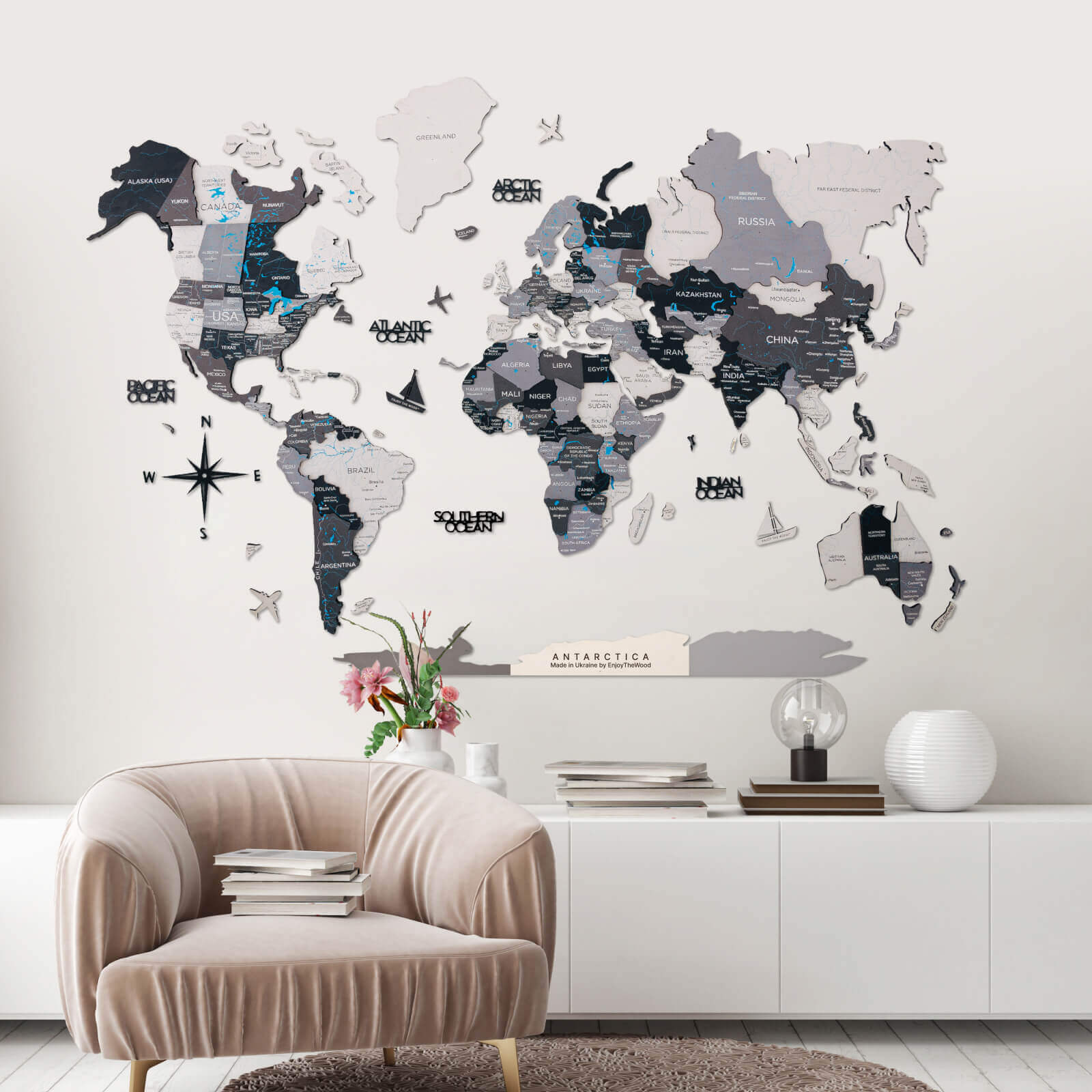 Antarctica Wooden Wall Art Map, Modern Monochrome Decor for Office