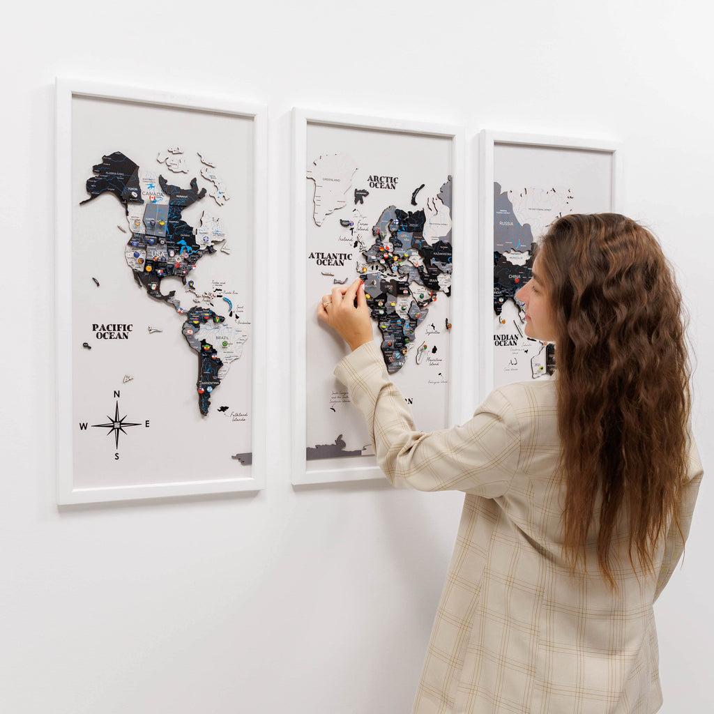 Triptych Wooden World Map Wall Art in Nordik Finish