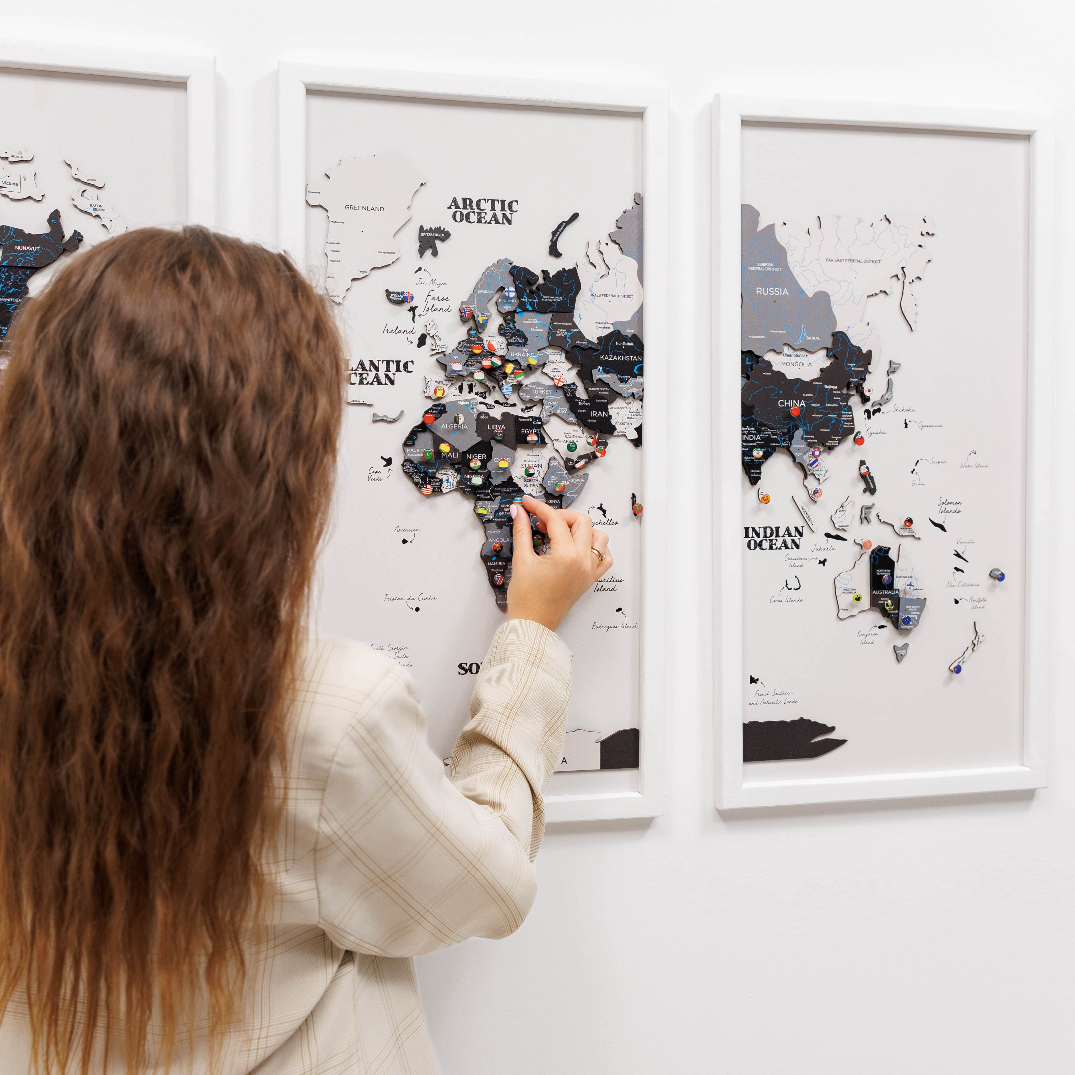 Triptych Wooden World Map Wall Art in Nordik Finish - lifestyle shot