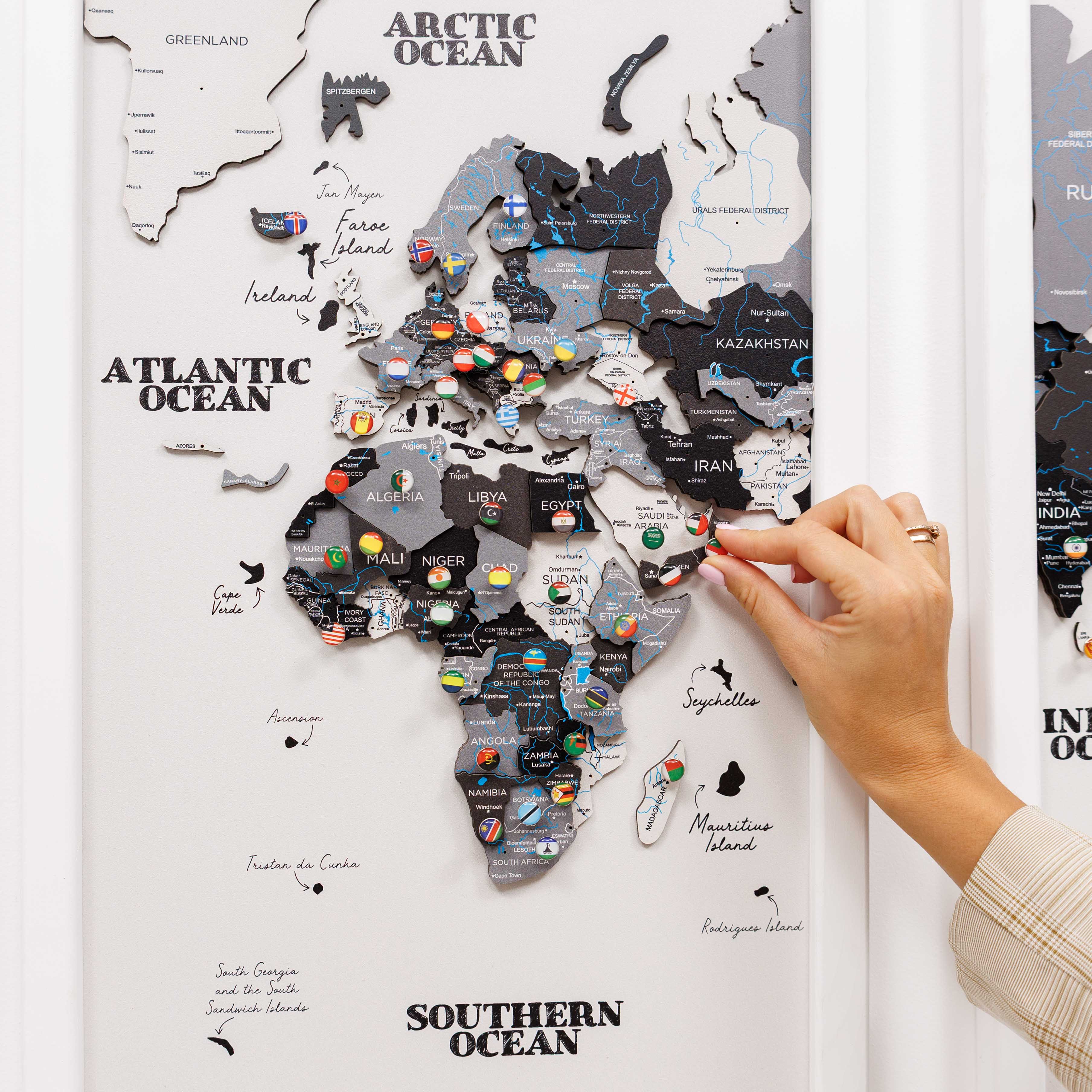 Triptych Wooden World Map Wall Art in Nordik Finish - close-up detail