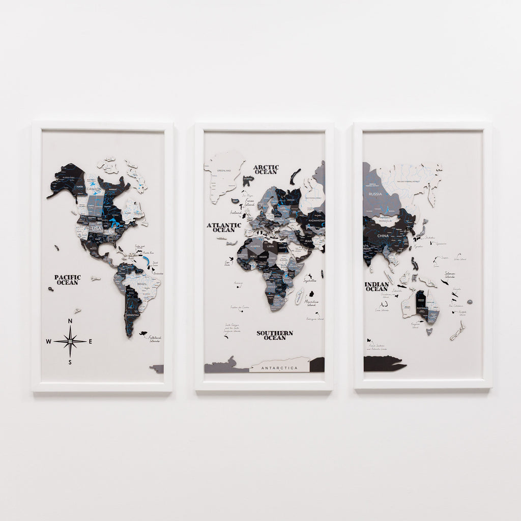 Triptych Wooden World Map Wall Art in Nordik Finish