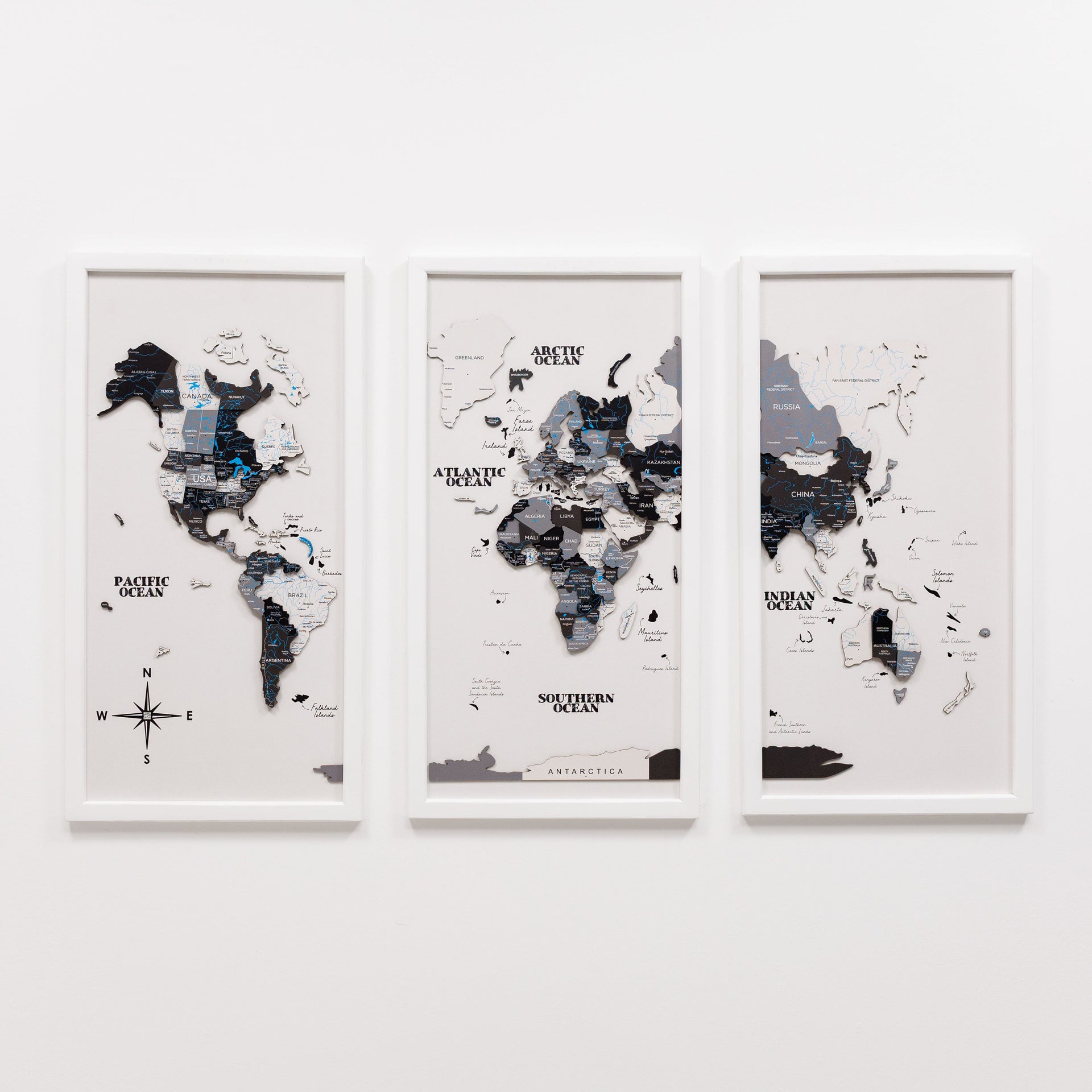 Triptych Wooden World Map Wall Art in Nordik Finish