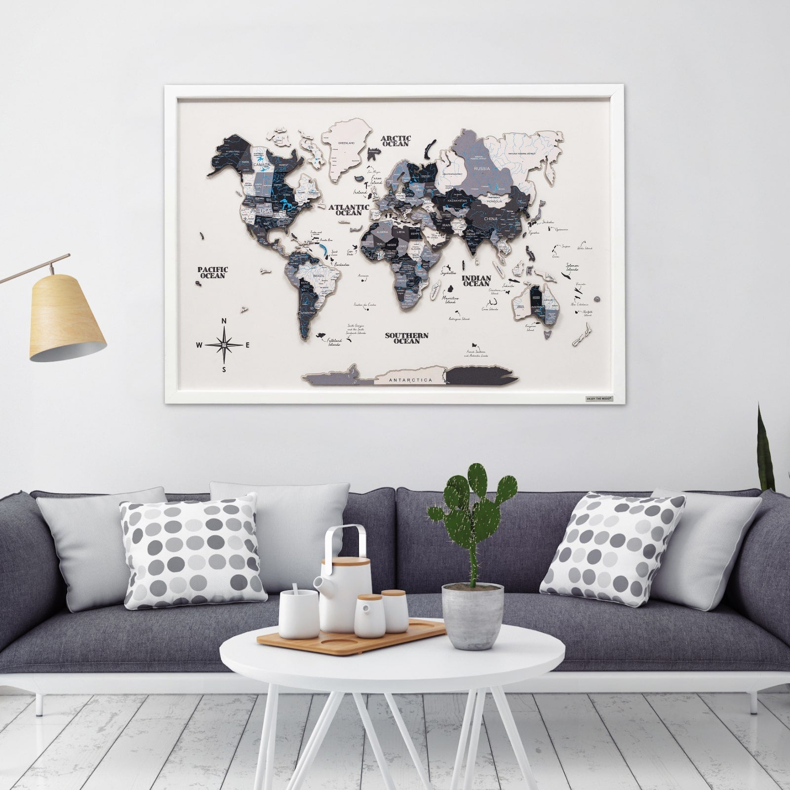 3D Wooden Panel World Map in Nordik Light Finish