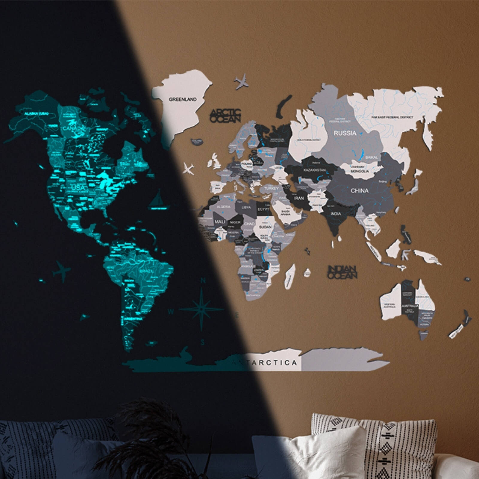 3D wooden world map in grey, white and blue with a luminous glow effect