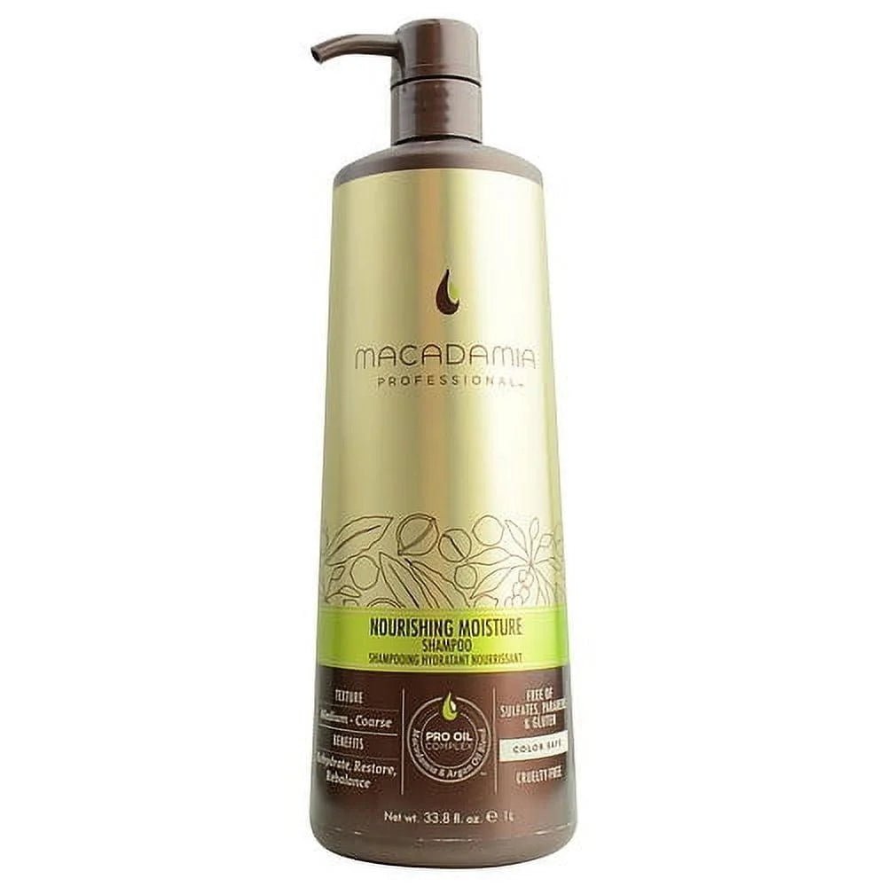 A 33.8 oz bottle of Macadamia Nourishing Moisture Shampoo for deep hair hydration