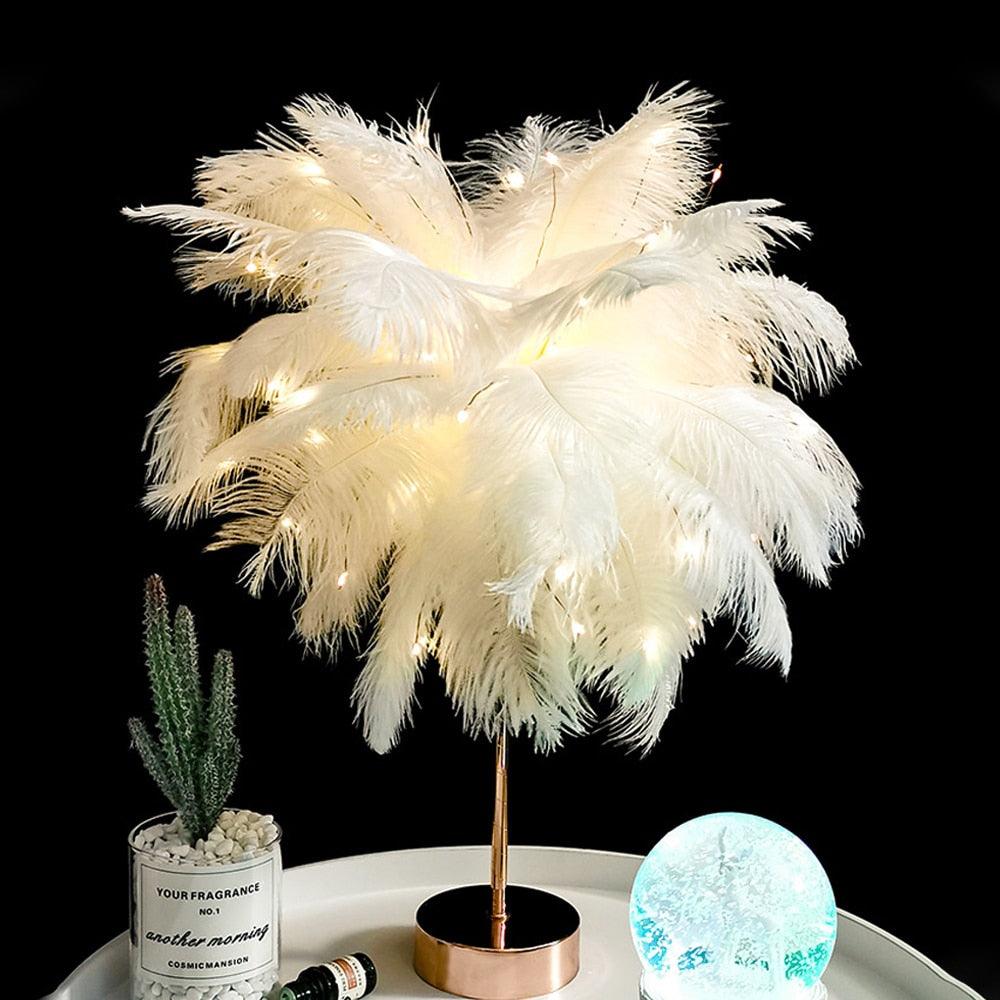 Ethereal Feather LED Table Lamp with Remote - Glamorous Bedside Decor