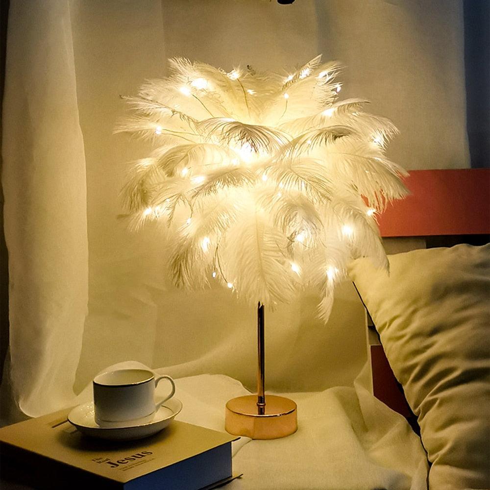 Ethereal Feather LED Table Lamp with Remote - Glamorous Bedside Decor