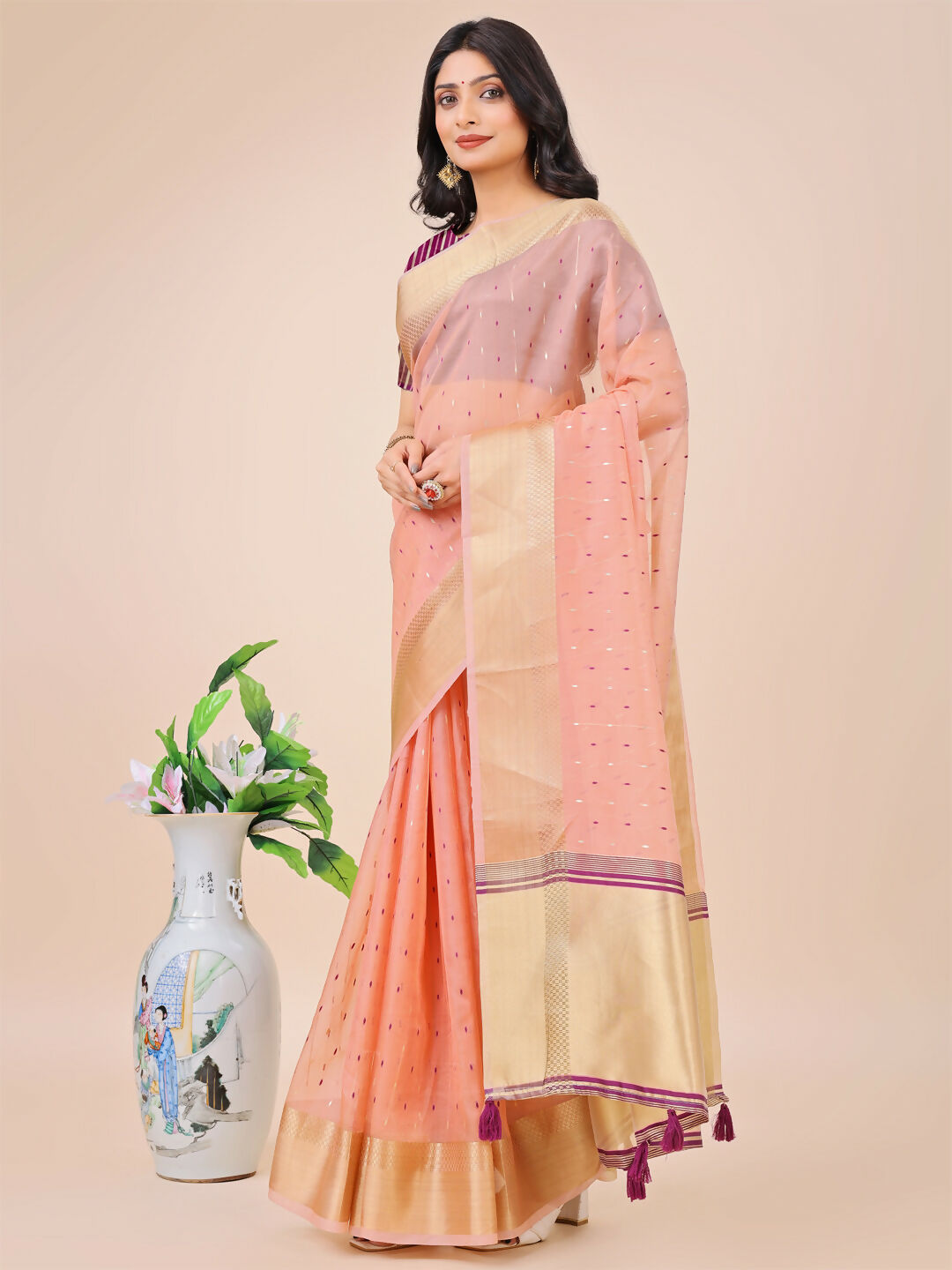 Light Pink Organza Saree with Matching Blouse Fabric