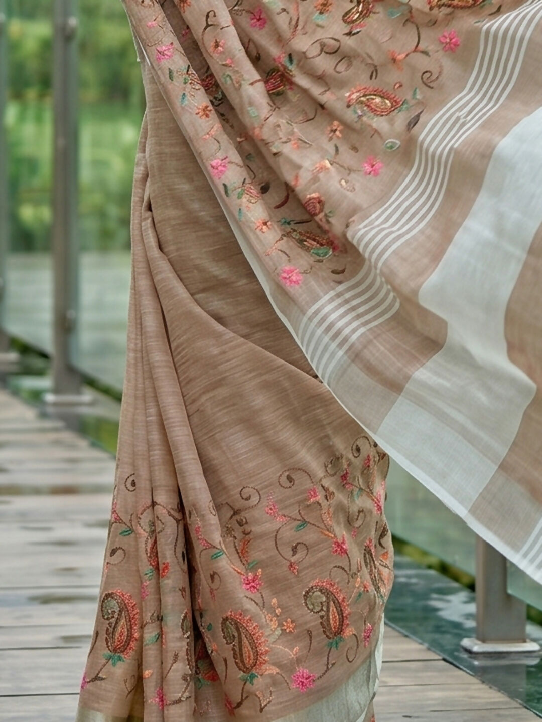 Brown Linen Saree with Coordinating Blouse Piece