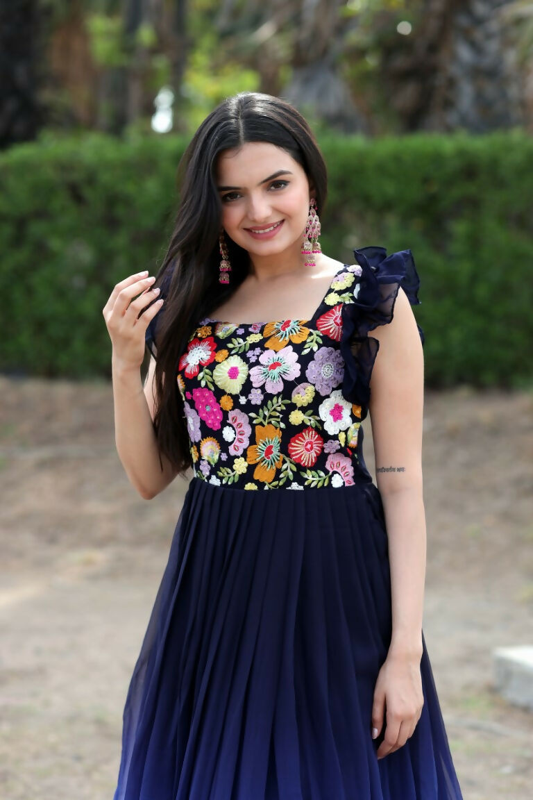 Women's Blue Sequins Embroidery Faux Blooming Anarkali Dress