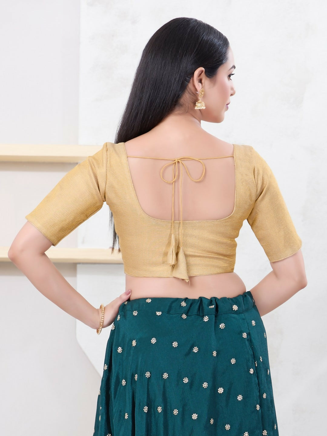 Gold Tissue Round Neck Elbow Sleeve Front Open Blouse