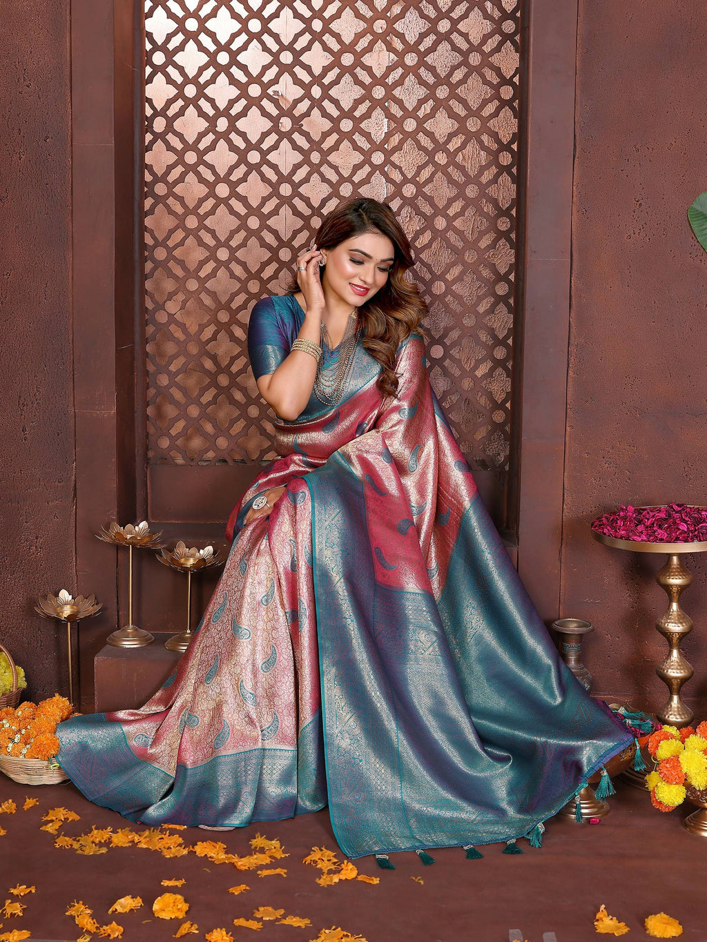 Magenta Tissue Silk Saree with Intricate Traditional Weaving