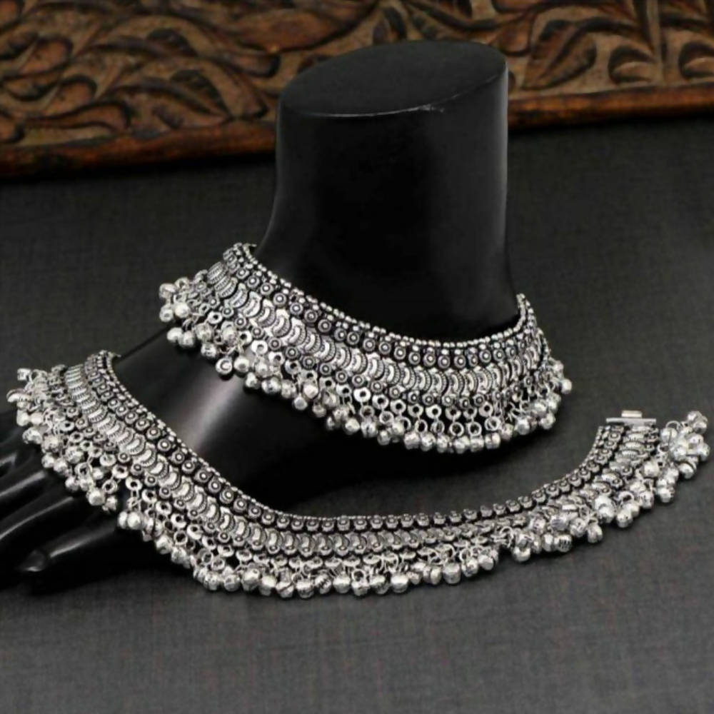 A pair of intricate oxidised silver plated traditional anklets perfect for weddings