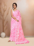 Beautiful light pink cotton blend Jamdani saree with traditional intricate weaving patterns