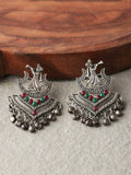 Close-up of Mominos Fashion Johar Kamal silver-plated oxidised brass ghungroo earrings with multi-stone detail