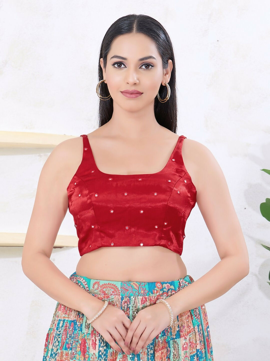 Maroon Gajji Silk sleeveless blouse with square neck and back-open design