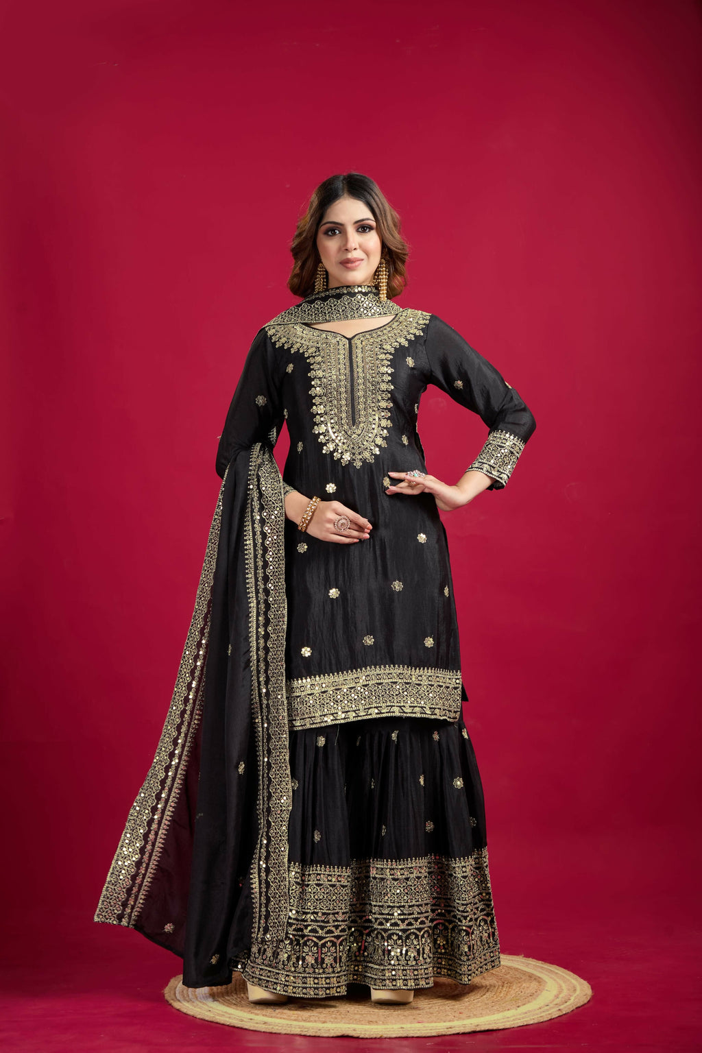 Black Silk Kurta Set with Elaborate Sequins and Zari Embroidery