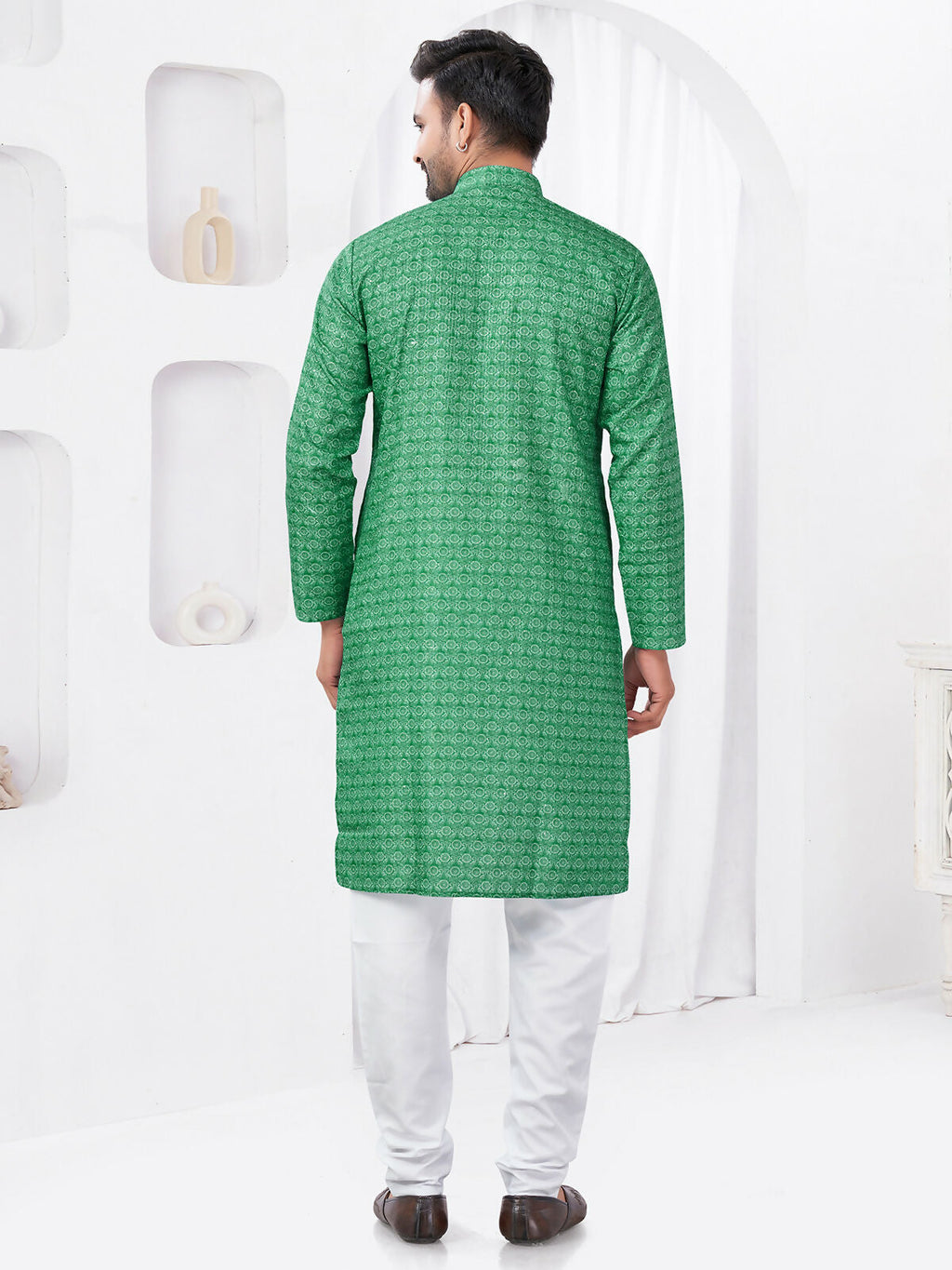 Boys Green Rayon Cotton Printed Kurta Pyjama Ethnic Set