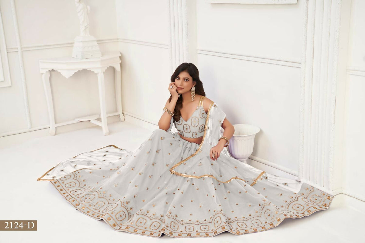 Off White Butterfly Net Lehenga with Tone-to-Tone Thread Work