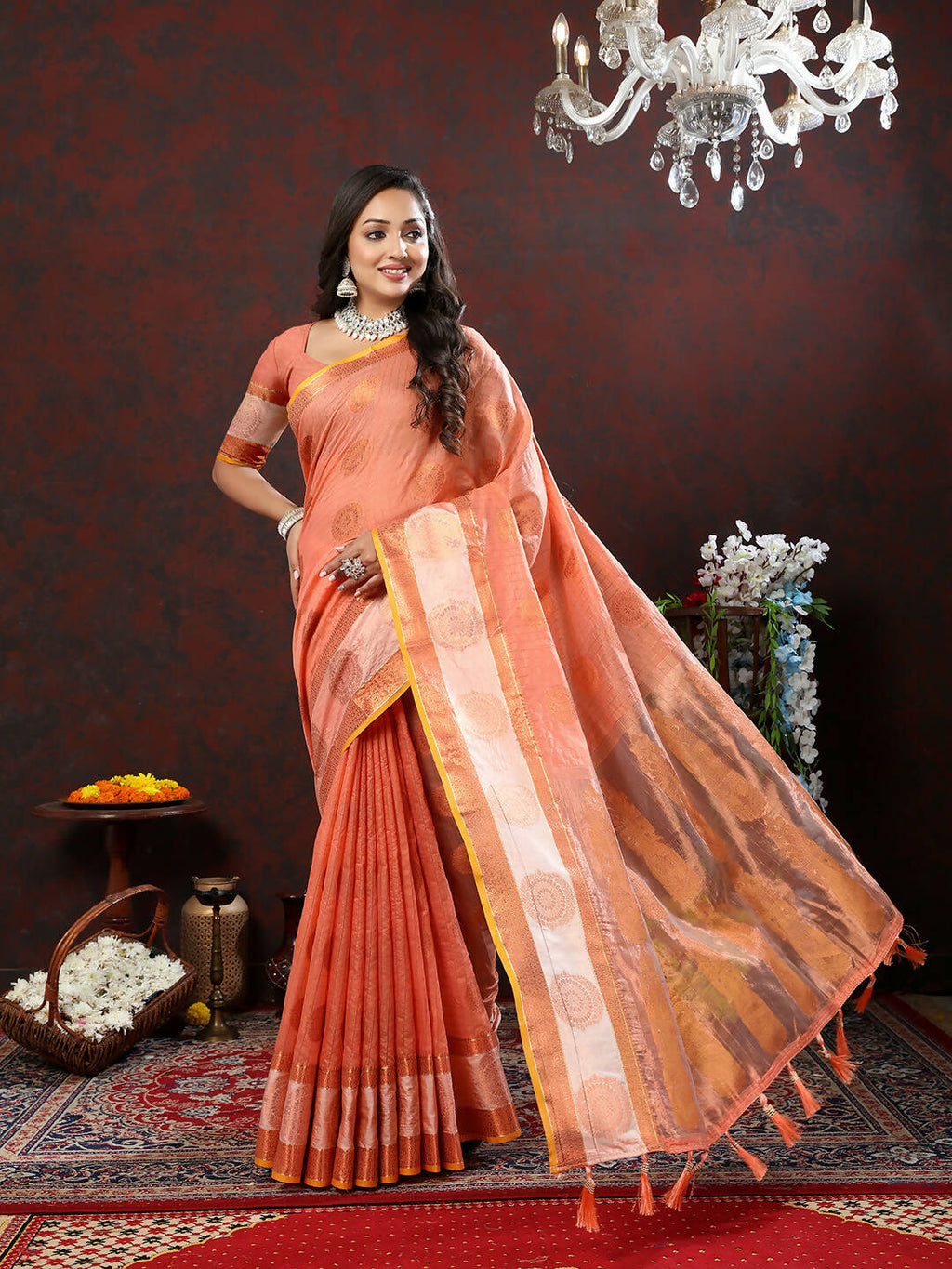 Peach Cotton Saree with Elegant Woven Zari Design