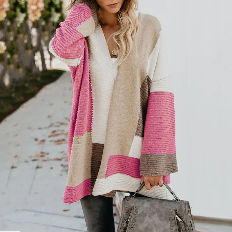 Women's Geometric Color Block Cardigan Long Sleeve Knit Sweater - Image 10