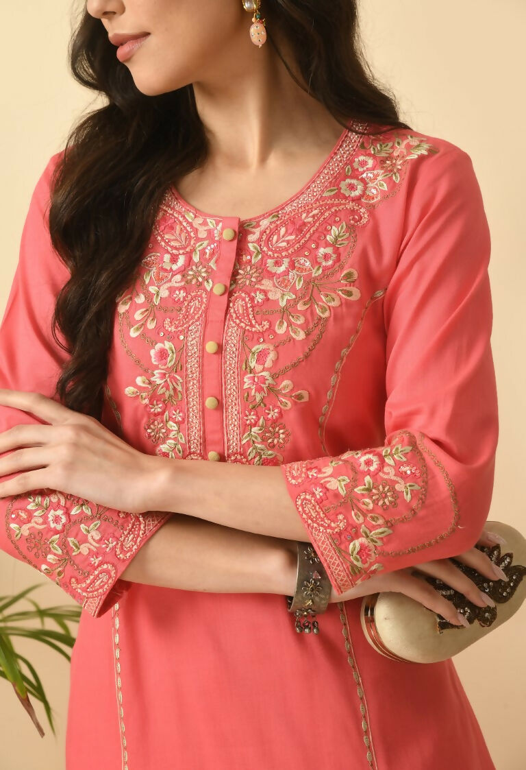 Coral Cotton Rayon Kurta Set - Two-Piece Ethnic Ensemble