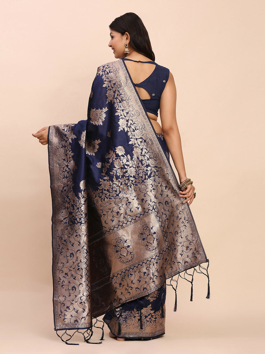 Navy Blue and Gold Banarasi Silk Saree - Traditional Ethnic Wear