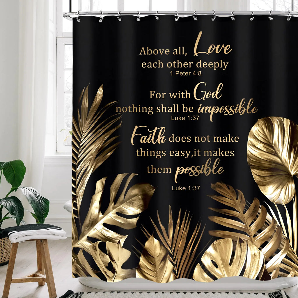 Cinbloo Black Gold Shower Curtain 72Wx72H Modern Christian Shower Curtain Tropical Shower Curtain Bible Verse Monstera Quotes Bathroom Curtain Set Palm Leaves Bathroom Decor Fabric with 12 Hooks