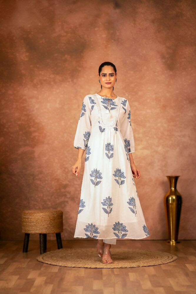Blue Floral Hand Block Printed Cotton Kurta and Pant Set