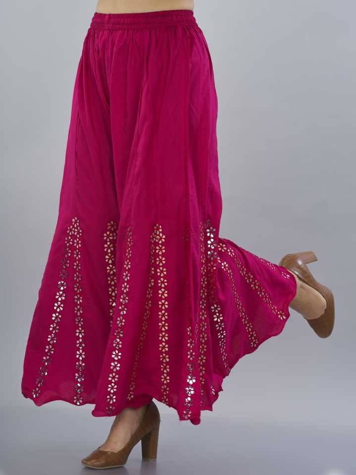 Dark Pink Mirror Work Palazzo Pants for Women