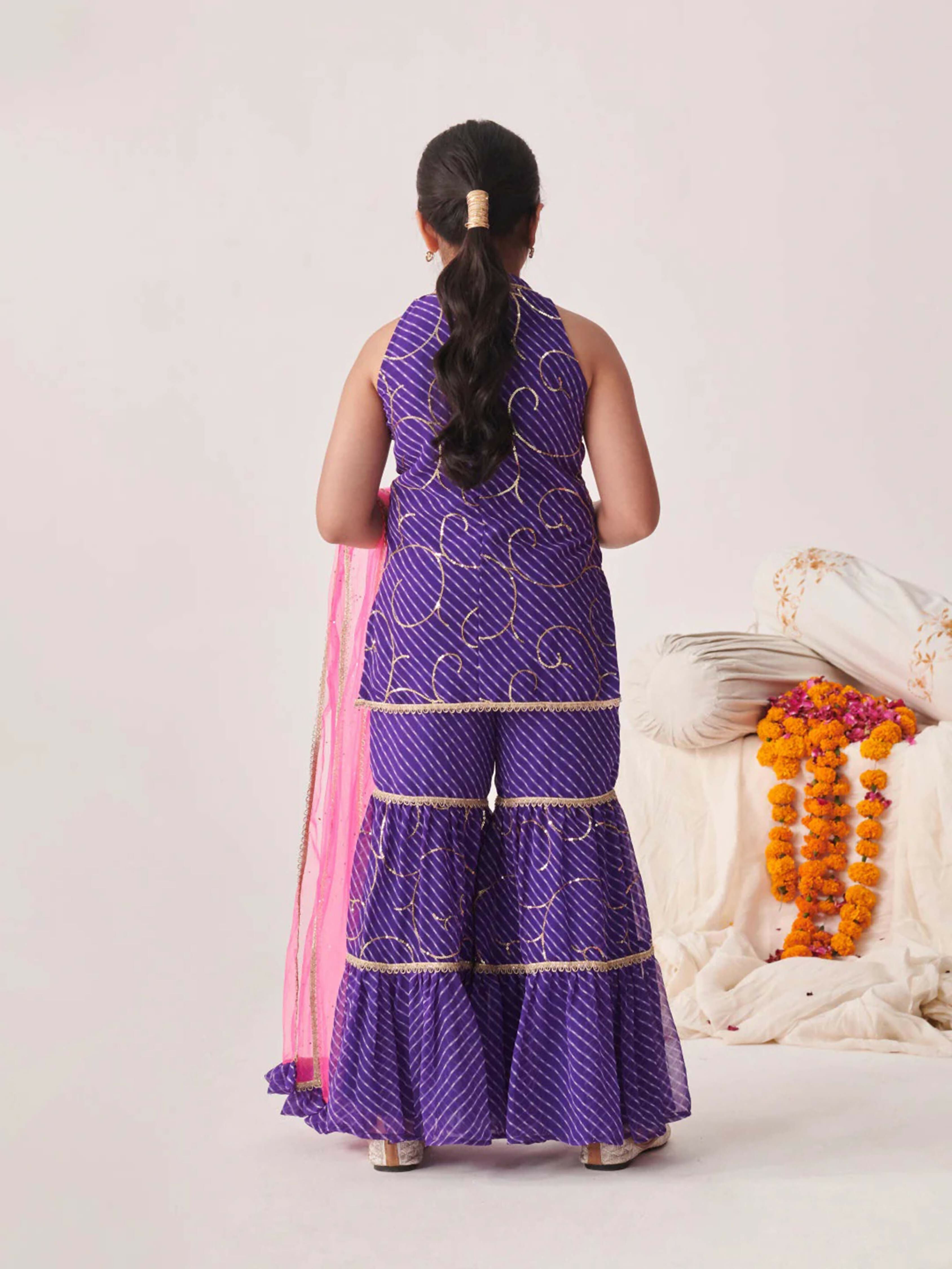 Girl's Blue Georgette Sharara Set with Net Dupatta