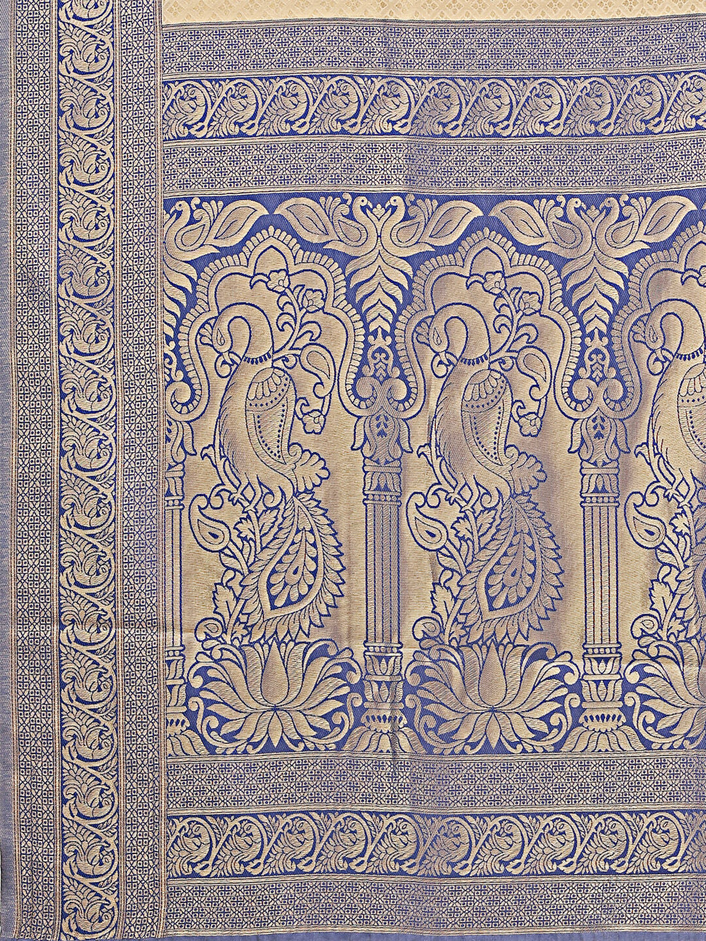 Banarasi Silk Saree in Cream and Navy Blue with Matching Blouse