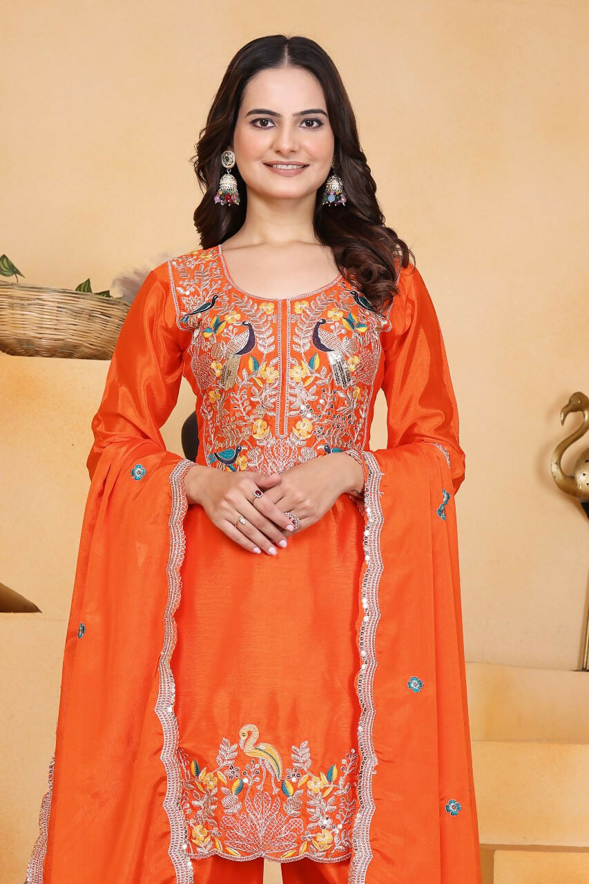 Orange Silk Embroidered Dhoti Set with Matching Kurti and Dupatta