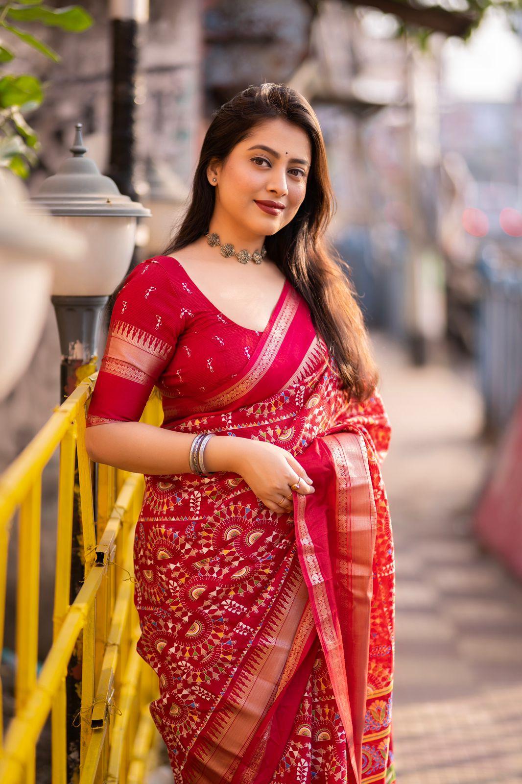 Red Cotton Blend Ethnic Motif Saree with Zari Border