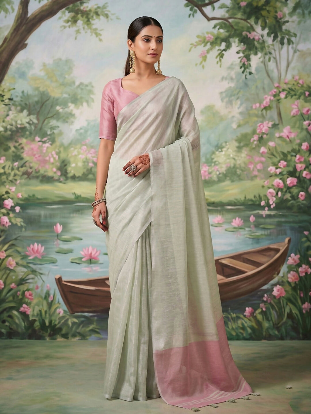 Stunning silver tissue silk saree reflecting a metallic luster.